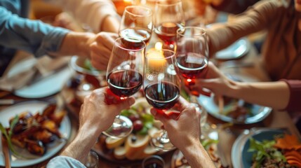 Hands of friends toasting with glasses of wine and dining on savory dishes at a cozy intimate restaurant setting Celebrating a special occasion with good food good company and good cheer