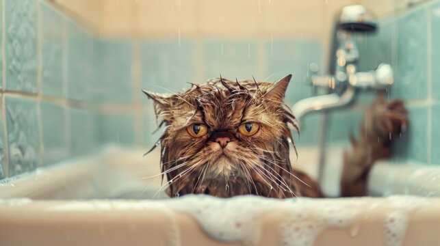 Grumpy wet cat sitting in bathtub, taking a bath at home in bathroom. Pet care
