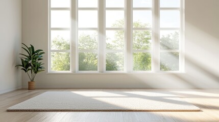 A bright, airy interior featuring large windows, natural light, a soft rug, and a potted plant, creating a serene and inviting atmosphere.