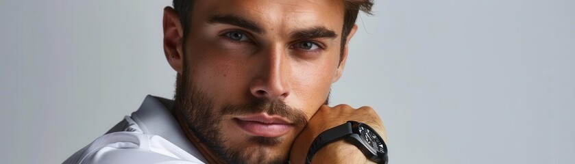 Fototapeta premium Man with running watch, white background, athletic device