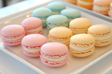Colorful Macarons with White Filling on a White Plate