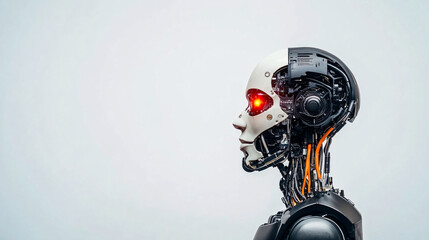 Futuristic robotic head with glowing eyes