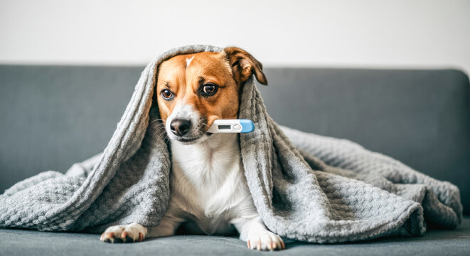 Sick pet concept: curious dog under blanket with thermometer