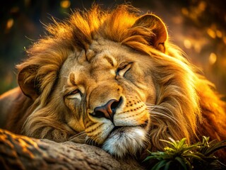Naklejka premium Serene Long Exposure of a Sleeping Lion's Snout in Nature's Embrace