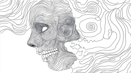 Fototapeta premium A continuous line drawing of a face splitting into two, one half a human profile and the other a sugar skull, with spirals representing thoughts. Surrealism