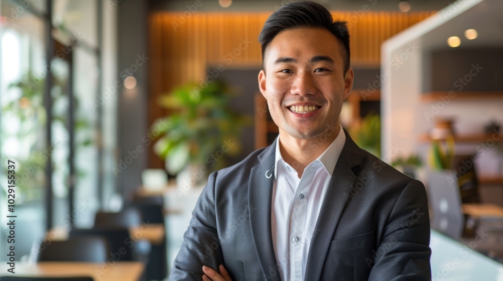 Sticker Smiling Asian Man in Suit with Arms Crossed in Office Setting