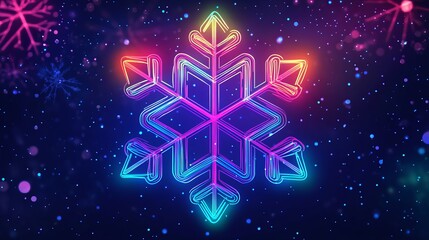 An outline neon snowflake icon featuring a glowing design with vivid colors. This neon snowflake sign serves as a snow pictogram, representing an ice crystal flake. 