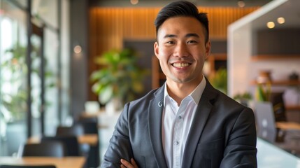 Fototapeta premium Smiling Asian Man in Suit with Arms Crossed in Office Setting