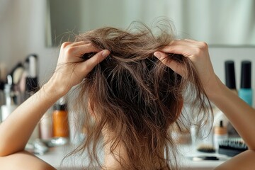 Naklejka premium A frustrated person pulling at split ends and frizzy hair, with blurred beauty products and hairbrushes spread on a vanity table