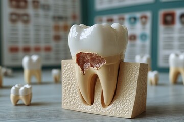 A model of a tooth showing advanced decay from a cavity, with blurred educational dental charts and models scattered in the background