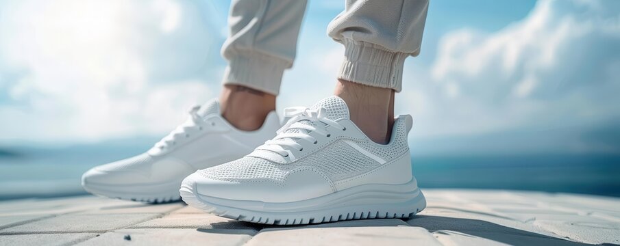 Man with sports shoes, white background, fitness footwear