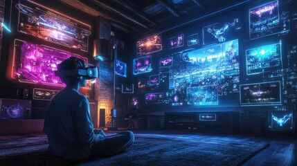 photo of An advanced virtual reality setup in a modern living room, with a user immersed in a vibrant, 3D gaming world, surrounded by glowing screens and interactive gadgets. 