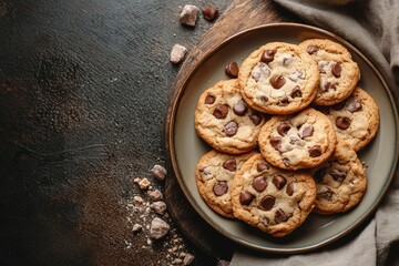 Naklejka premium A Plate of Warm Chocolate Chip Cookies on a Wooden Cutting Board