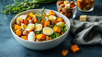 A white bowl filled with a salad made with roasted butternut squash, potatoes, and eggs, topped with rosemary sprigs and croutons.