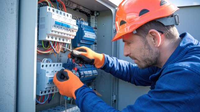 Electrician working on control panel with tools and safety gear.
