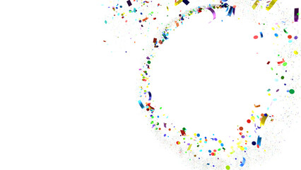 Multicolor confetti abstract background with a lot of falling pieces, isolated on a white background. Festive decorative tinsel element for design