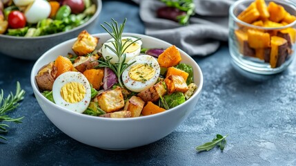 A white bowl filled with a salad of roasted sweet potato, potato, croutons, egg, and arugula with sprigs of rosemary on top.