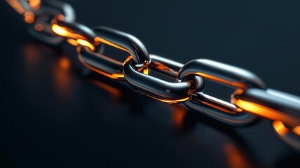 Fototapeta premium A close-up view of a metallic chain glowing with a warm, orange light, set against a dark background, highlighting its intricate links and textures.