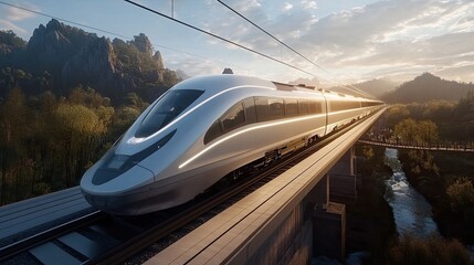photo of A high-speed train traveling through a scenic countryside, designed with aerodynamic features and equipped with the latest technology for comfort and efficiency. 