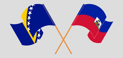 Crossed and waving flags of Bosnia and Herzegovina and Republic of Haiti. Vector illustration
