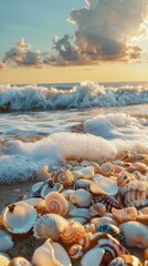 Peaceful beach with seashells and gentle waves, 4K hyperrealistic photo