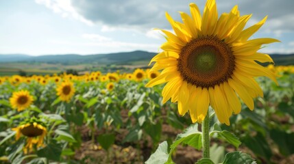 Fototapeta premium Large sunflower, with field of sunflowers and rural landscape in the background