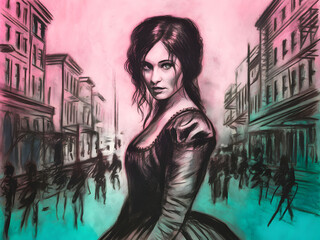Woman in the City: A captivating portrait of a mysterious woman in a vintage dress, standing amidst a bustling city crowd. The vibrant pink and teal colors evoke a sense of intrigue and wonder.