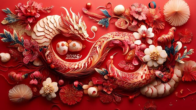 A detailed paper-cut snake encircling "2025," featuring traditional Chinese food items like dumplings and rice cakes, intricate swirling patterns, vibrant red and gold colors,
