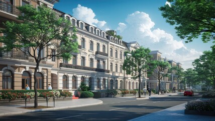 Naklejka premium Elegant urban street with historic architecture under a bright blue sky.