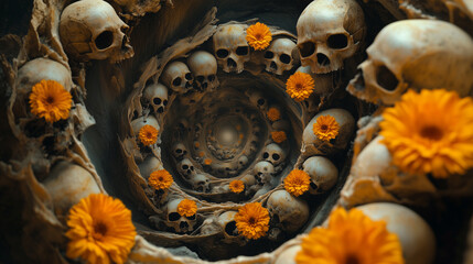 A spiral of interconnected skulls, formed by a single, unbroken line, with marigold accents growing along the spiral. Surrealism
