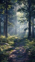 Obraz premium Peaceful forest path with sunlight filtering through the trees, 4K hyperrealistic photo