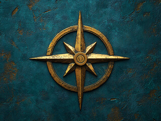 a compass rose with a golden center and a black background. The compass rose is detailed with gold lines and symbols.