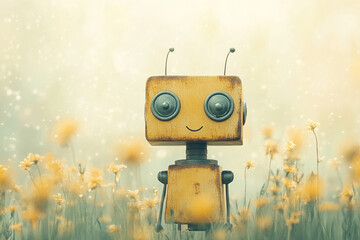 A whimsical robot stands in a field of wildflowers, giving a sense of curiosity and adventure. Great for technology, children’s stories, and creative projects.