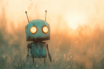 A whimsical robot stands in a field of wildflowers, giving a sense of curiosity and adventure. Great for technology, children’s stories, and creative projects.