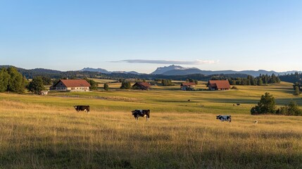 Obraz premium A picturesque scene of a rural landscape with cows grazing in a field, surrounded by farmhouses and rolling hills, 