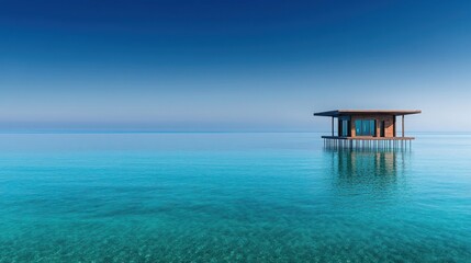 Naklejka premium A single, modern, wooden house on stilts stands alone in the middle of a calm turquoise ocean under a bright blue sky.