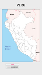 Peru Map. Political map of Peru with state border in outline. Political map of Peru with outline and neighbouring countries.