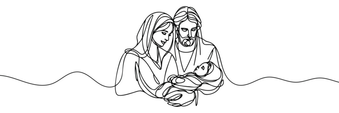 recommend clip art: Continuous one line Christmas vector Christian nativity scene of baby Jesus with Mary and Joseph. Bethlehem scene.