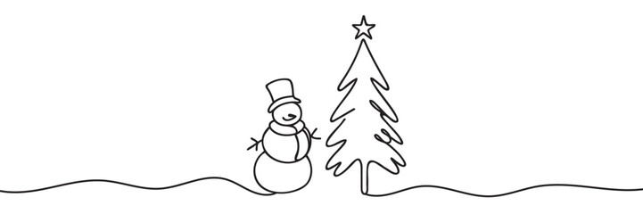 Continuous one line drawing of christmas tree and snowman in hat with scarf. Line vector illustration.