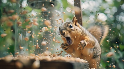 Naklejka premium Mischievous Squirrel Raiding Bird Feeder