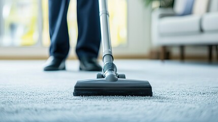 A person vacuums a carpet in a well-lit room, showcasing clean floors and a tidy home environment.
