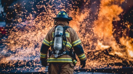 Fototapeta premium Firefighter battling flames, heroic act in emergency response.