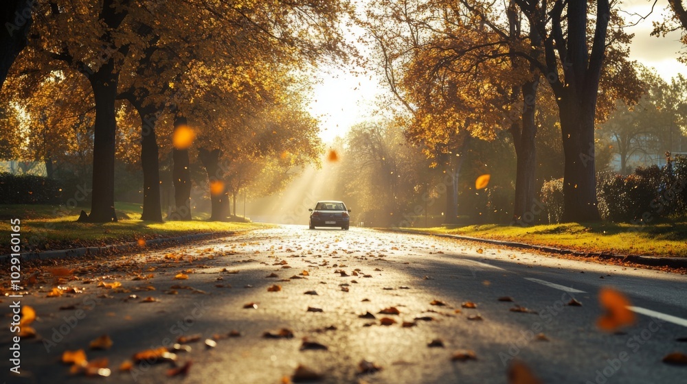Poster a single car drives down a paved road. the road is lined with trees with orange and yellow leaves on
