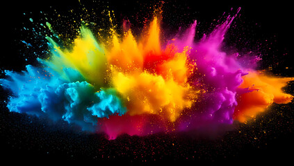 colorful pigment powder, explosion of colored powder exploding isolated on black background