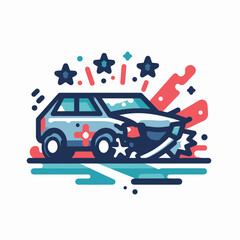 Naklejka premium Colorful cartoon car accident illustration with stars and motion effects