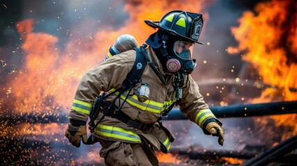 Fototapeta premium Firefighter in action battling flames in dramatic scene.