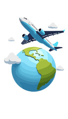 Obraz premium Airplane flying over a colorful globe with clouds in a travel concept design