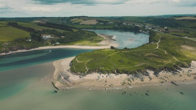 Aerial view of beach and river estuary in Bigbury, Devon, UK