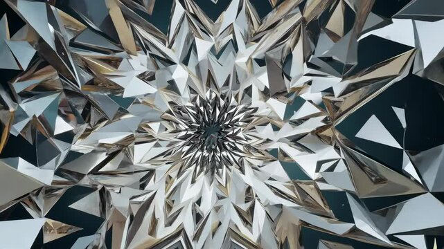 Fractal explosion of sharp, angular shapes: a burst of jagged, metallic shards expanding outward in intricate, recursive patterns. Abstract texture, pattern.