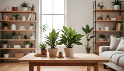Fototapeta premium A wooden table in a cozy living room with a potted plant, a vase, and a blurred background of shelves and decor 